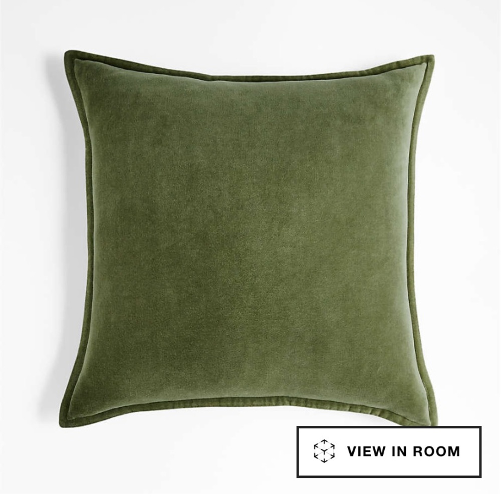 2 Crate and Barrel Organic Moss 20"x20" Washed Cotton Velvet Throw Pillow Covers
